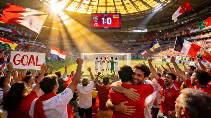 世界杯足球比赛现场观众欢呼庆祝进球的壮观场面